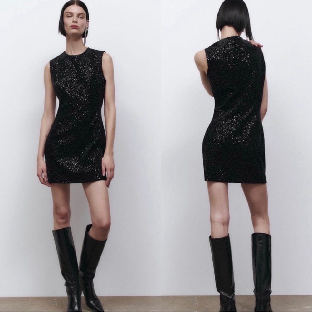 NWT Zara Sequin Black Velvet Mini Dress Size Large